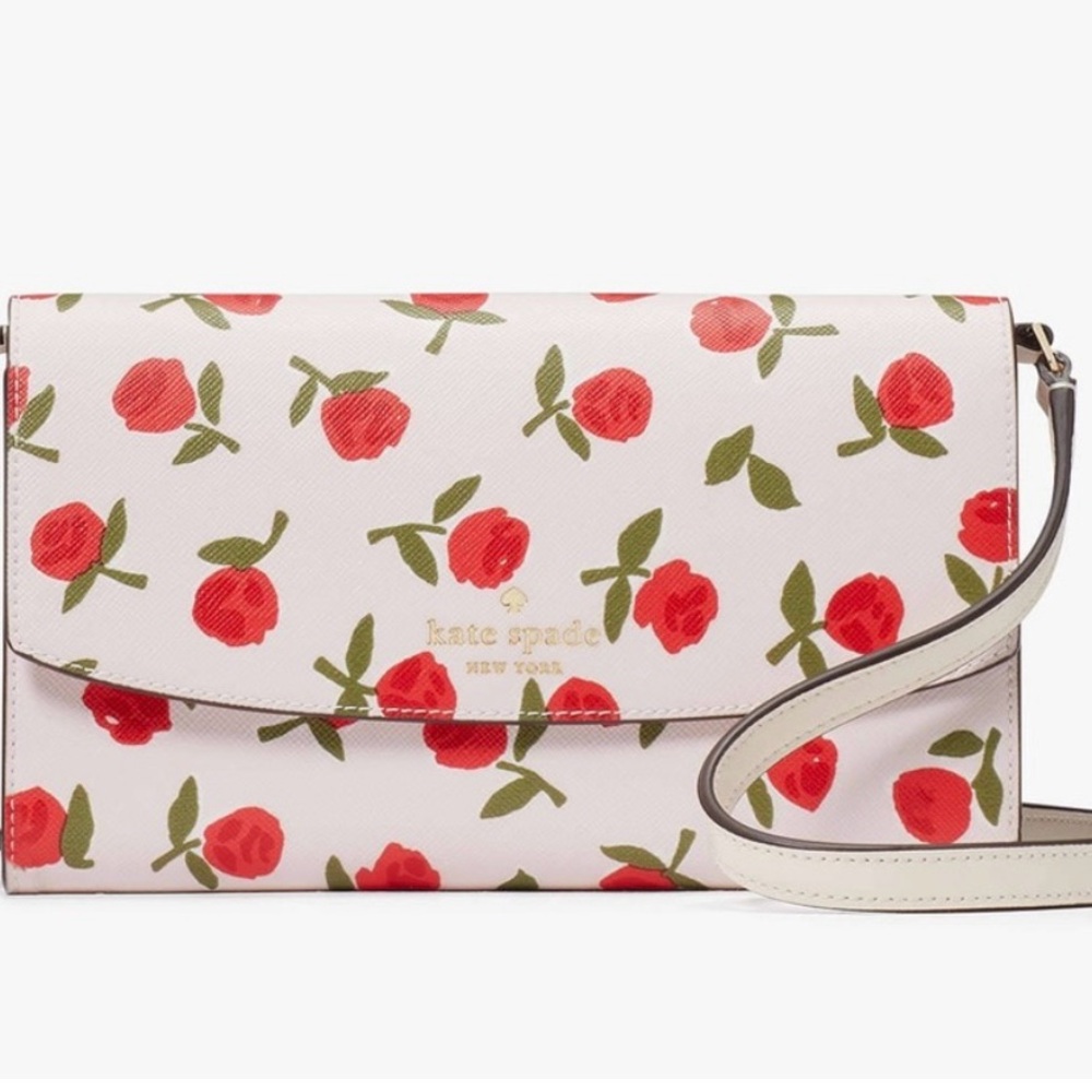 BNWT Kate Spade Rose Dana Small Flap Crossbody Bag Print White and Red
